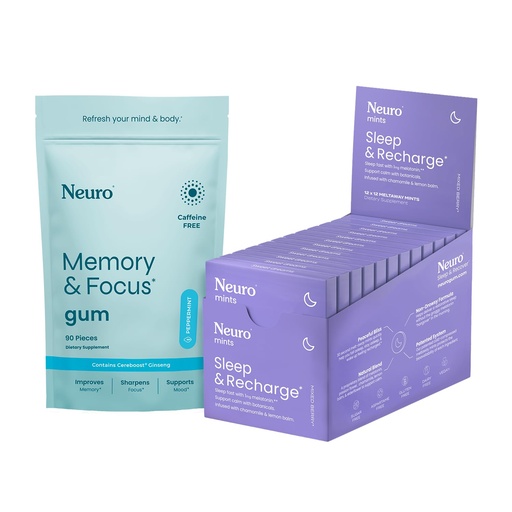 [BRSRECQLCMFG2DI2] Neuro Memory & Focus + Sleep & Recharge Set – Memory & Focus Gum (Peppermint, 90 Pieces) + Melatonin 1mg Sleep & Recharge Mints (Mixed Berry, 144 Pieces) – Cognitive Support & Rest Aid Supplements
