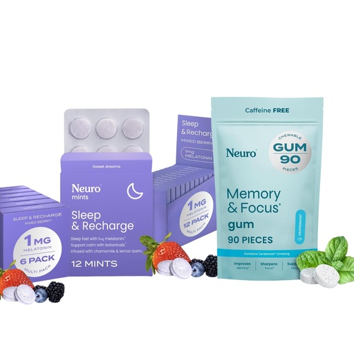[BRSRGGL3CECAAELG] Neuro Sleep & Memory Support Bundle – Memory & Focus Nootropic Gum (90), & Sleep & Recharge Melatonin Mints Chamomile (72), (144)