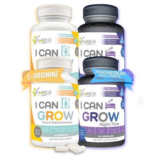 [BRSREGQBCEBA2AL6] I Can Grow 2-Month Supply Bundle – 2x Day-Time + 2x Night-Time Growth Support for Kids 10+ & Teens | Height Growth Vitamins with L-Arginine, Colostrum, Magnesium | Day Energy + Night Sleep Aid | 4-Pac