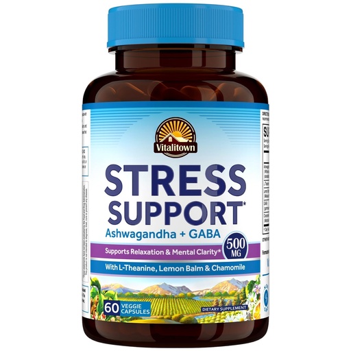 [BRSRE2QYCMIGA3DZ] Vitalitown Stress Support Supplement, Calming Blend of Ashwagandha, GABA, L-Theanine, Lemon Balm, Natural Cortisol Response, Ease Stress & Tension, Promote Relaxation & Mental Focus, 60 Vegan Caps