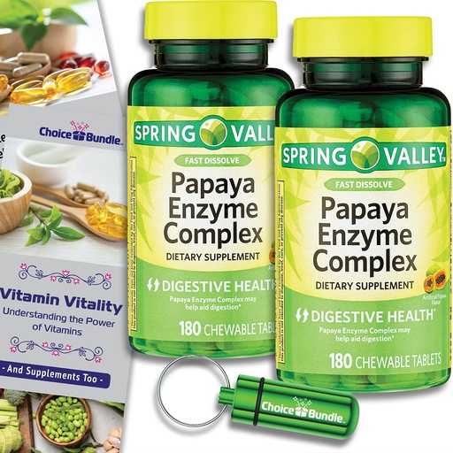 [BRSROAY6C56WOELV] Choice Bundle Spring Valley Papaya Enzyme Complex Chewable Tablets Dietary Supplement 180 Ct 2 pk (360 Total) - Plus Vitamin Guide & Pill Container (4 Items)!