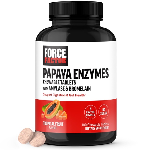 [BRSRAFD2PMMRQ3TG] Force Factor Papaya Enzymes Complex, Digestion Supplement and Bloating Relief with Amylase and Bromelain, Support Healthy Digestion, Sugar Free, Non-GMO, Tropical Fruit Flavor, 180 Chewable Tablets