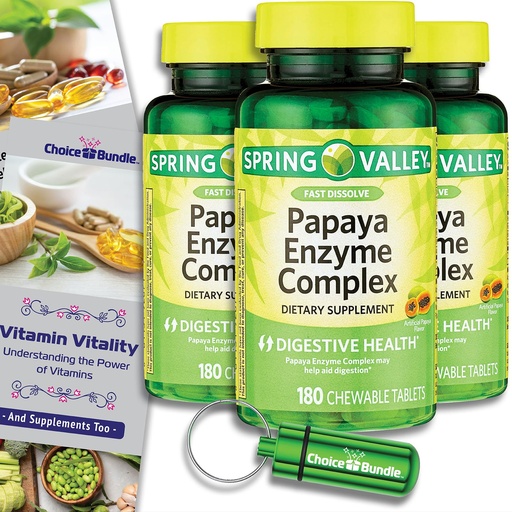 [BRSRECQHOUCWOD36] Spring Valley Papaya Enzyme Complex Chewable Tablets Digestive Health 180 Ct 3 pk (540 Total) + Vitamin Vitality & Pill Container (5 Items)!