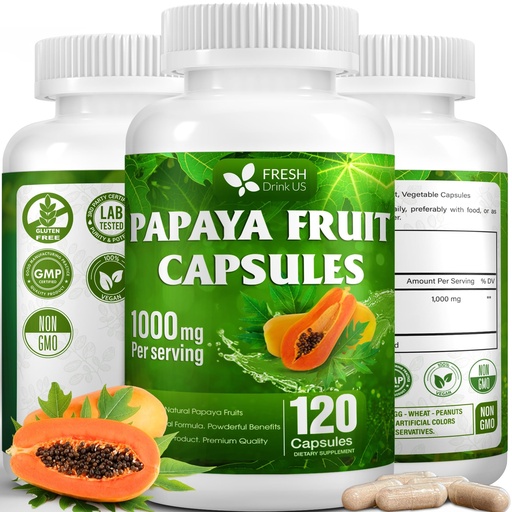 [BRSRAEABCMFGEETH] FRESHDRINKUS, 120 Papaya Fruit Extract Capsules| Papain Enzyme| 100% from Natural Papaya Fruit Extract| 500mg per Capsule| 1,000mg per Serving| 60 Days Supply| Vegan Capsulesc Non-GMO, Gluten-Free