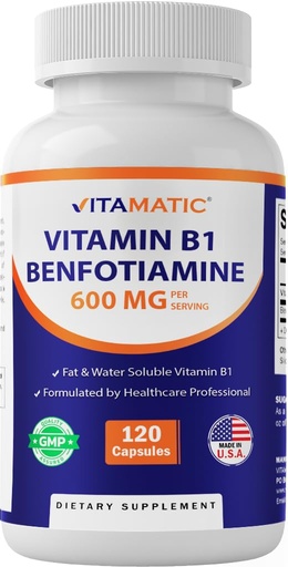 [BRSREGQCCUFQM3TA] Vitamatic Benfotiamine 300mg + Vitamin B1 300 mg - 120 Vegetable Capsules - Made in the USA - Gluten Free - Non-GMO