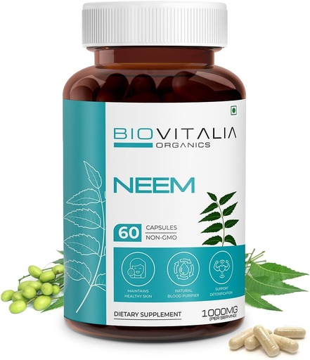 [BRSROHA7CMNRMH3Z] Biovitalia Plant Based Neem 1000mg Capsule for Men & Women | Dietary Supplement | Support Healthy & Promote Detoxification - 60 Vegan Capsules