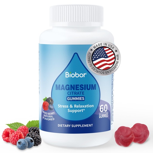 [BRSRACTYCFYA233A] Biobor Magnesium Citrate Gummies 200mg for Adults, High Absorption Magnesium Supplement for Leg Cramps, Stress Relaxation, Muscle Health, No Artificial Colors or Flavors, Gluten Free, Vegetarian