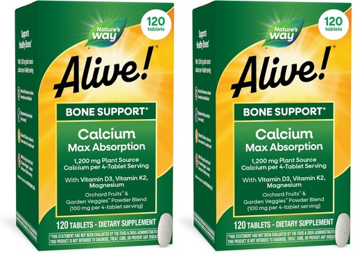 [BRSRGGQKDENGAF3L] Nature's Way Alive! Calcium Max Absorption 1200 mg Calcium per 4 Tablets with Vitamin D3, Bone Support*, Vitamin D3 & K2, Magnesium, 120 Tablets (Packaging May Vary), (Pack of 2)