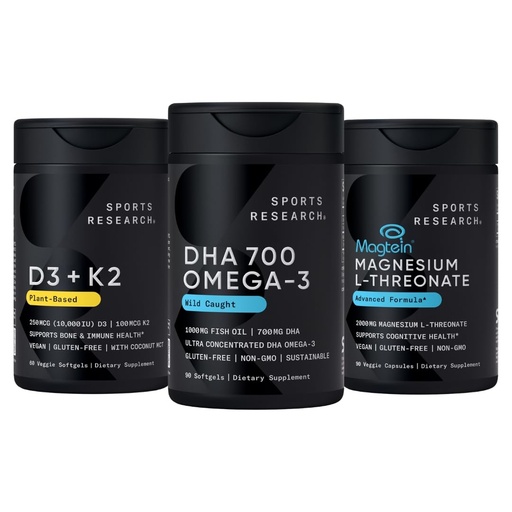 [BRSRGGQZC4FBSDQ4] Sports Research® Multivitamins Pack - DHA Omega-3 Fish Oil 700 mg + Vitamin D3 + K2 5000iu + Magnesium L-Threonate Capsules 2000mg
