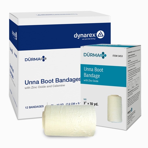 [BRSWIZQCOUEBO2L6] Dynarex Dürma+ Unna Boot Bandages with Zinc Oxide - Maintains Moist Environment and Provides Compression for Leg Ulcers, Edema, Sprains - 3" x 10 yds - Case of 12 Rolls