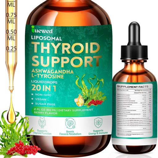 [BRSRGEI5CQFRMDLG] Thyroid Support Complex Liquid Drops for Women & Men - High Potency Iodine, Zinc, Selenium & Ashwagandha for Cortisol & Stress Relief - Natural Metabolism & Energy Booster - 2 oz (60ml)
