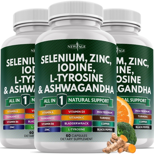 [BRSRAEIZAUMGAEY7] Selenium, Zinc, Iodine, L Tyrosine, Ashwagandha - Thyroid Support Supplement for Women and Men with Bladderwrack, Turmeric, Silica Kelp, Schisandra - 60 Count (Pack of 3)