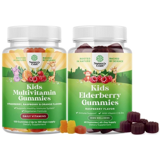 [BRSROCAZOAJW2CQ2] Bundle of Plant Based Kids Multivitamin Gummies with Vitamins A C D3 E B & Zinc for Immunity and Sambucus Elderberry for Kids Health - Black Elderberry Gummies with Zinc & Vitamin C for Immune Support