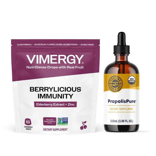 [BRSRGAACCIGQI2Y4] VIMERGY NutriDense Elderberry + Zinc Berrylicious Immunity* Chewables (60 Count) & Vimergy PropolisPure® (115 mL)