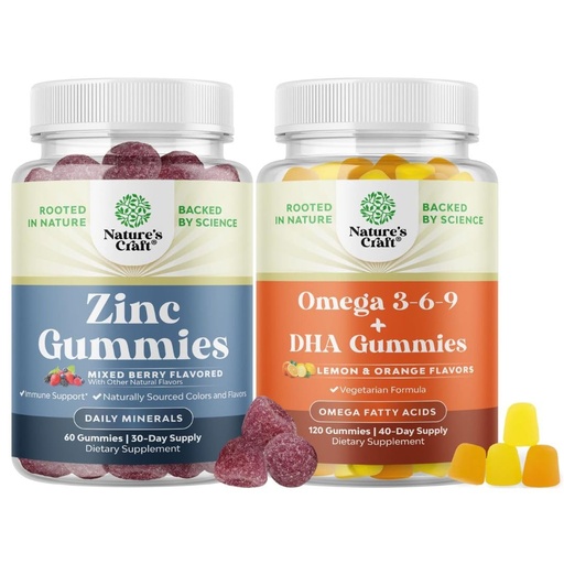 [BRSRGCQPAEMR63DZ] Bundle of Extra Strength Zinc Gummies for Adults - Chewable Zinc Supplements for Energy & Immune Support and Omega 3 Gummies - Vegetarian Omega 3 6 9 DHA Gummies for Brain Bone & Heart Health