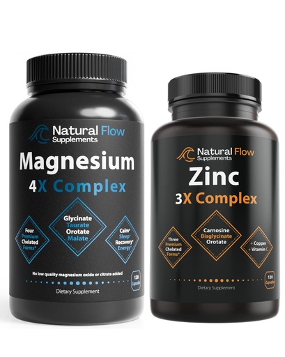 [BRSRM2QQOIPGCHY3] Natural Flow 4X Magnesium Complex and 3X Zinc Supplement Complex with Copper and Vitamin C, Chelated High Absorption Supplements, 120 Capsules Each