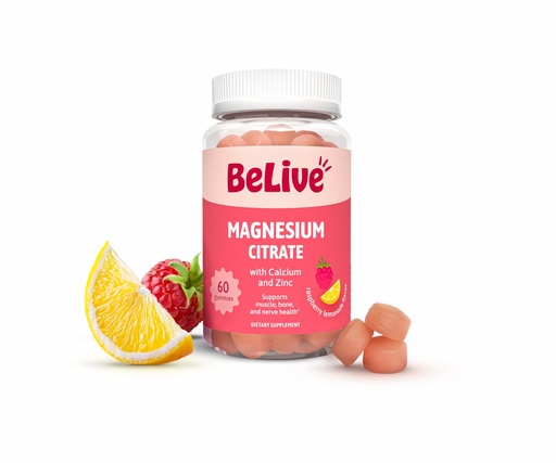 [BRSRE2YFCB6AMALP] BeLive Magnesium Citrate Gummies with Calcium and Zinc for Adults and Kids - High Absorption Magnesium Supplement for Cognitive, Bone, Muscle and Nerve Health - Raspberry Lemonade - 60 Count