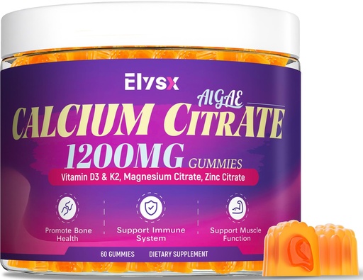 [BRSREHYCPIHQY3Y4] Calcium Citrate 1200mg with Vitamin D3 Gummies, Chewable Algae Calcium Supplements for Women & Men, Bone, Muscle & Immune Support, with Vitamin K2, Magnesium & Zinc Citrate, Mango Flavor, 60 Ct