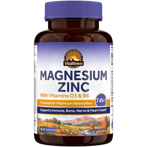 [BRSREAQFCEHGEG3D] Vitalitown Magnesium Zinc, with Vitamins D3 & B6, Chelated Magnesium Glycinate, Malate, Citrate, Taurate, High Absorption, for Sleep, Bone, Heart, Immune, Digestive Support, 60 Caps