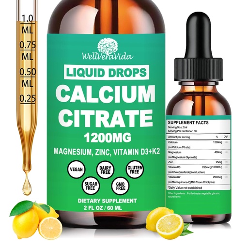 [BRSREAL6OR4AICI3] Calcium Citrate Supplements for Women & Men, Calcium 1200mg with Vitamin D3 K2 Drops, High Absorption Liquid Calcium Magnesium Zinc Supplement for Bone, Teeth, Cardiovascular & Immune Health, Vegan