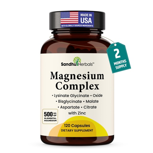 [BRSREAIZAANBQ2DF] Complete Magnesium Complex 500mg for Women & Men | 120 Capsules | 6 in 1 Mag Supplement with Zinc | Quality Sleep & Muscle Health | Glycinate, Citrate, Malate, Oxide, Aspartate, Lysinate Glycinate