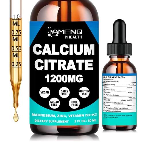 [BRSREAAOAF5AKCDL] Calcium Citrate 1200 mg with Vitamin D3 K2 Liquid Drops for Bone, Teeth Health Support - High Absorption Liquid Calcium Magnesium Zinc D3 Supplement for Women & Men, Vegan, Sugar-Free, Non-GMO