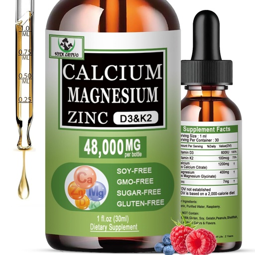 [BRSRAAQECEIAADT3] Calcium Magnesium Zinc Drops, 1200mg Calcium with Vitamin D3 K2 Magnesium for Bone,Teeth,Colon,Cardiovascular Health, High Absorption Liquid Calcium Supplement, Gluten Free,Non GMO