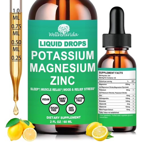 [BRSREAL6OUFGAC3D] Potassium Magnesium Supplement Liquid, Electrolyte Potassium & Calm Magnesium Complex Drops Plus Zinc, Vitamin D3 & B6 for Cramp Relief, Bone, Energy & Immune Health, Faster Absorption Than Gummies