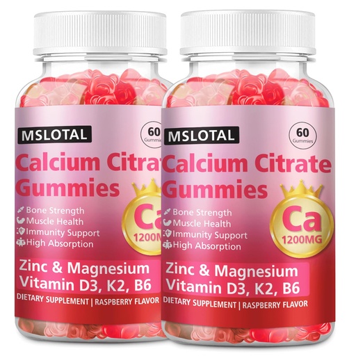 [BRSREAARBV4A2G3J] Calcium Citrate Gummies, Calcium 1200mg with Vitamin D3, B6, B12, Magnesium Zinc Calcium Supplements for Women and Men, Support Bone & Muscle Health, 120 Chews Raspberry Flavor