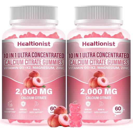 [BRSREHD2BYPW233O] 2 Packs 2000mg Calcium Citrate with Vitamin D3 K2 Supplements Gummies for Women & Men, Magnesium, Zinc, High Absorption, Bone, Muscle & Immune Support, 120 Counts Peach Flavor Gummies