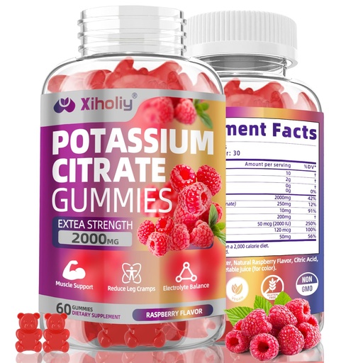 [BRSREAQ6DF6AIDTZ] Potassium Citrate Gummies 2000mg, High Potency Electrolyte Gummies, Potassium Supplement with Magnesium glycinate, Zinc, Vitamin C D3 K2, for Electrolyte Balance, Leg Cramps, Muscle Support, 60 Chews