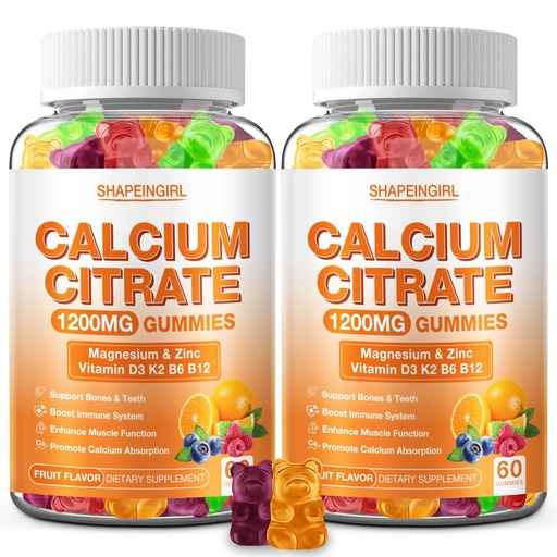 [BRSRACQPOVYRSEI4] 1200mg Calcium Citrate with Vitamin D3, K2, B6 & B12, Calcium Supplements for Women & Men, Plus Magnesium Zinc for Bones, Muscle & Immune Support, High Absorption Fruit Flavor 120 Calcium Gummies