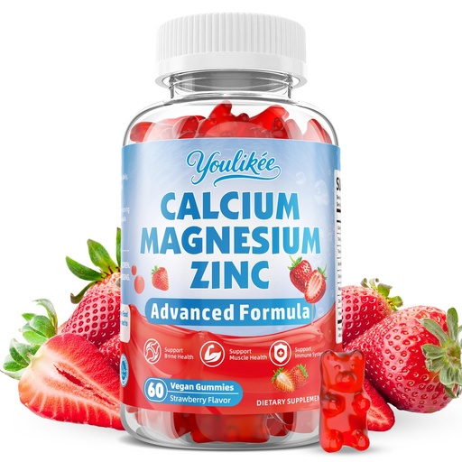 [BRSRGZYQO57BS2TH] Calcium Magnesium Zinc Gummies for Adult, Calcium Citrate with Vitamin D3 | High Absorption Calcium Magnesium Supplement for Women & Men, Sugar-Free, Strawberry Flavor, 60 Count