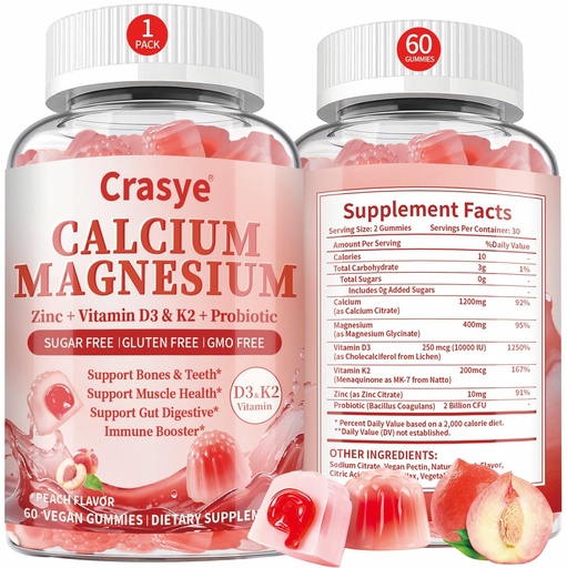 [BRSREEDRCIDQ2YAU] Calcium 1200mg Magnesium Zinc Gummies with Vitamin D3 K2 Magnesium Glycinate 400mg Supplements with Probiotic Calcium Citrate for Women and Men Bone & Teeth & Immune Support Sugar Free - 60 Gummies