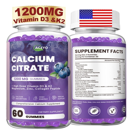 [BRSREBICOEHGMF3F] Calcium Citrate Gummies, 1200mg Chewable Calcium Supplement with Vitamin D3, K2, Magnesium & Zinc, Supports Energy and Immunity, High Absorption, Sugar-Free, Blueberry Flavor, 60 Count