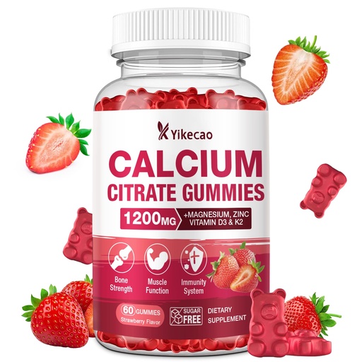 [BRSREFIBCAHBGCA4] Calcium Citrate Gummies 1200mg, Calcium Supplements for Women & Men, Calcium Gummies with Vitamin D3, K2, Magnesium, Zinc, Potassium, Muscle & Immune Support, Strawberry Flavor, 60 Count