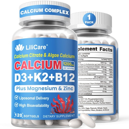 [BRSRGHQBPIHBSGQU] Calcium 1200 mg with Vitamin D3 K2 5000 IU Softgels Supplement for Women Men - Liposomal Calcium Citrate & Algae Calcium Magnesium Zinc + D3 K2 B12, Plant-Based Vegan Vitamin D, Boron for Bone,120ct
