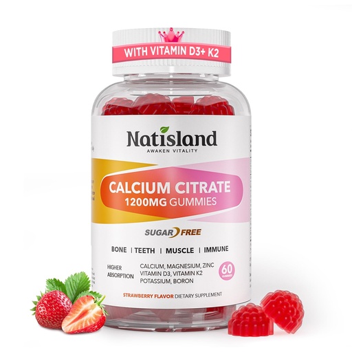 [BRSRABTYPMMQGDTH] Calcium 1200 mg with Vitamin d3, K2, High Absorption Calcium Citrate with Vitamin D3, K2, Magnesium, Zinc, Potassium, Boron, Calcium Supplements for Women & Men, Sugar-Free, Vegan, 60 Gummies