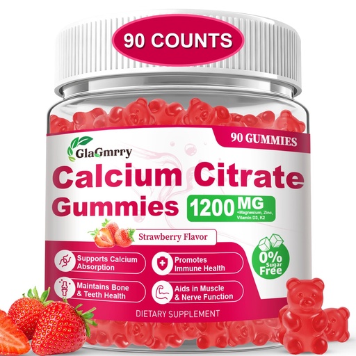 [BRSREBIDCVYWM23A] 90 Count Calcium Citrate Gummies - Calcium Gummies with Magnesium & 4 Essential Vitamins Support Bone, Muscle, Teeth, Immunity, Calcium Supplements for Women & Men, Strawberry Flavor