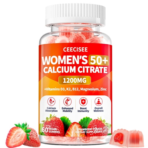 [BRSRGGT5CQNQIYDB] 50+ Women's Calcium Citrate Gummies: Sugar Free 1200 mg Calcium Supplements for Women Plus Vitamin D3 K2 B12 B6 Magnesium Zinc - Vegan Calcium Gummy Support Immune Energy Health (60Count)