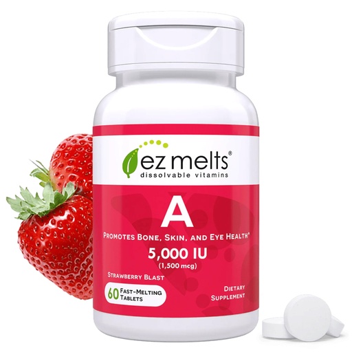 [BRSWKHD2BUNGCE3X] EZ Melts Vitamin A - Skin, Eye & Bone Health Supplement - Supports Healthy Nervous System - No Artificial Flavors - Non-GMO & Vegan - Strawberry Blast - 60 Dissolvable Tablets (60 Servings)