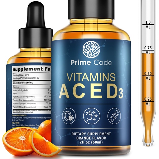[BRSRAHT2BEJRU2TU] Prime Code Liquid Vitamin A Supplement for Women & Men with Vitamin C E and D3, Vitamin A C E D3 Drops for Adults, Non-GMO, Faster Absorption & Immune Support, Natural Orange Flavor Drops