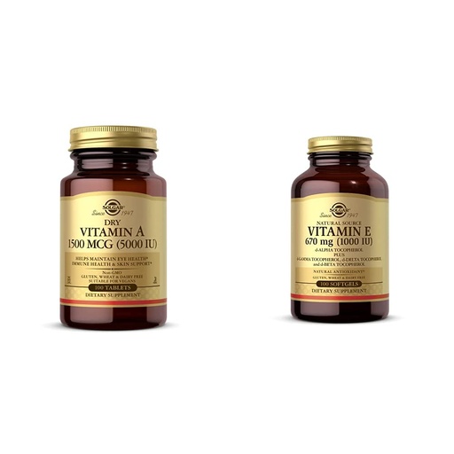 [BRSW2EI5CN4BAA3U] Solgar Dry Vitamin A 1500 mcg (5000 IU), 100 Tablets - Supports Healthy Eyes, Skin & Immune System - with Vitamin E 670 mg (1000 IU), 100 Mixed Softgels - Natural Antioxidant, Skin & Immune System Su