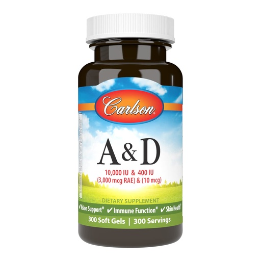 [BRSWECQ2OINQ4A3P] Carlson - A & D, 10000 IU (3000 mcg RAE) Vitamin A, 400 IU (10 mcg) Vitamin D3, Vision Support, Skin Health, 300 Soft Gels