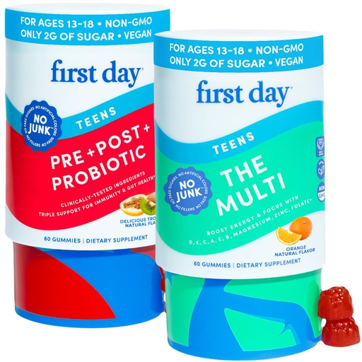 [BRSRGC33OV6AK3D4] FIRST DAY Teens Tropical Tribiotic Gummies & Orange Multivitamin Gummies | Daily Nutrients, Immunity, & Gut Health | Clean Label Project Verified® | Vegan | 30-Day Supply