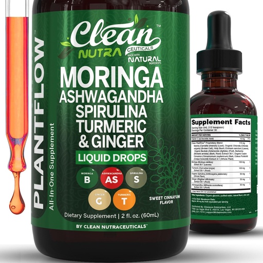 [BRSREFAKDMHGMFLZ] Clean Nutra Moringa Supplement Drops Ashwagandha Spirulina Chlorella Turmeric & Ginger Liquid Barley Grass with Chlorophyll Blue Green Algae Vitamin C Antioxidant Holy Basil Ceylon Cinnamon PlantFlow