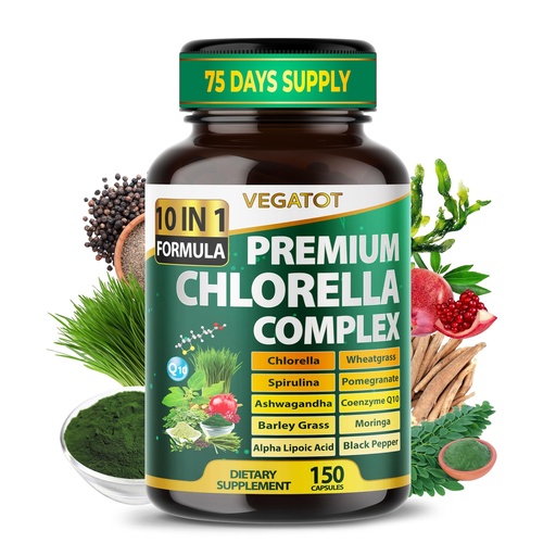 [BRSRGYD4CIPWKAA6] Premium Organic Chlorella Complex 10-in-1 Formula with Spirulina, Wheatgrass, Moringa, CoQ10 & Ashwagandha – Supports Natural Energy & Antioxidant Balance – 150 Capsules