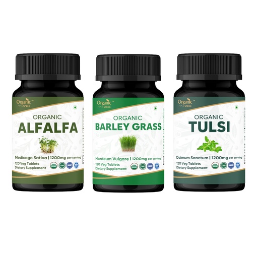 [BRSREHY2OAFRG2TP] ORGANIC SPREE Alfalfa, Barley Grass & Tulsi Supplement – 120 Tablets Each – USDA Organic Medicago Sativa, Hordeum Vulgare & Holy Basil*