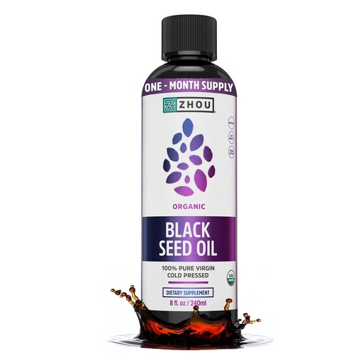 [BRSWGZAKCIIQMF3J] Zhou Organic Black Seed Oil - Black Cumin Seed Oil Cold Pressed, Nigella Sativa, Pure Unrefined Blackseed Liquid, Premium Supplement for Health with Thymoquinone, Omega 3 6 9 - 8 Fl Oz (Pack of 1)