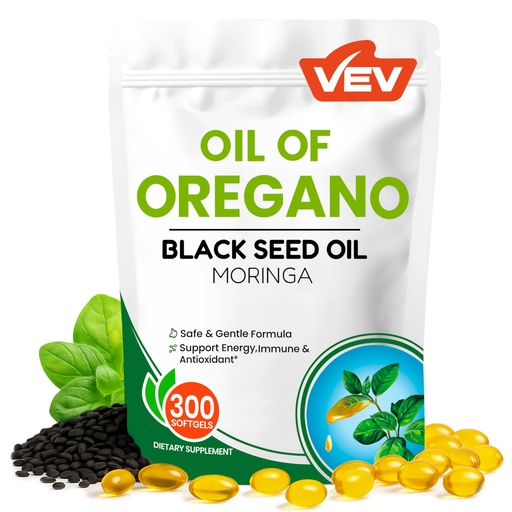 [BRSRAA32AF5QK2Q4] VEV Oil of Oregano with Black Seed Oil & Moringa, Organic, 300 Softgels, Aceite de Orégano, Carvacrol-Rich, Opaque Airtight Packaging, Immune Support Supplement